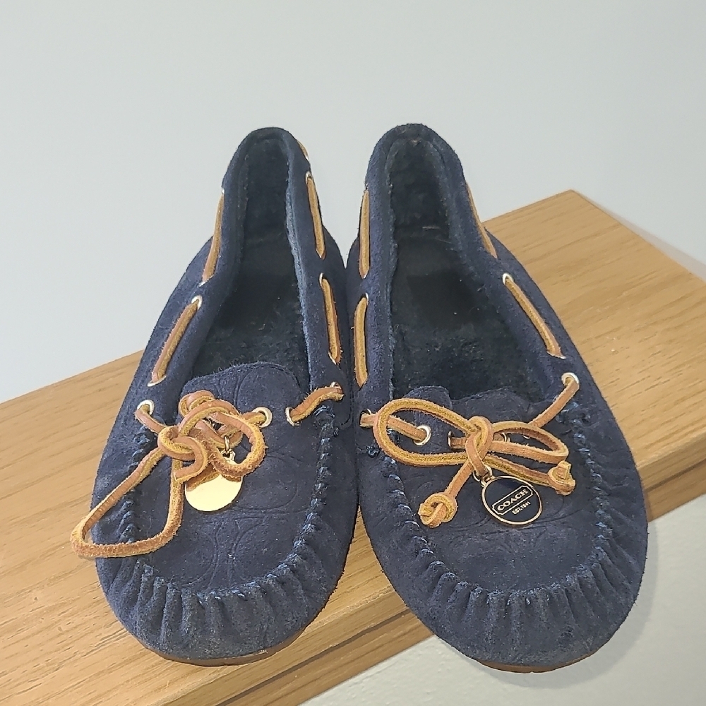 Coach Navy Antonia Moccasin Slippers with Tan Details